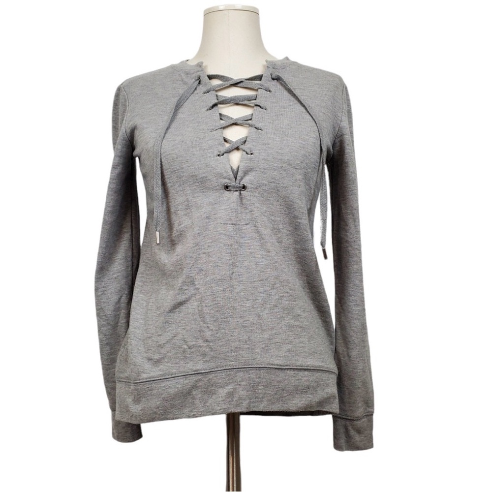 White House Black Market Gray Lace-Up Long Sleeve Top
